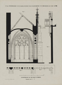 214495 Plattegrond en doorsnede/opstand (over O-P en de hoek oost/zuid op nr. 214496) van de kruisgang van de Domkerk ...